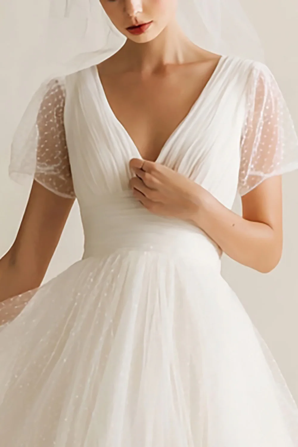 White Tulle V-Neck A Line Dots Midi Wedding Dress - VNBITS