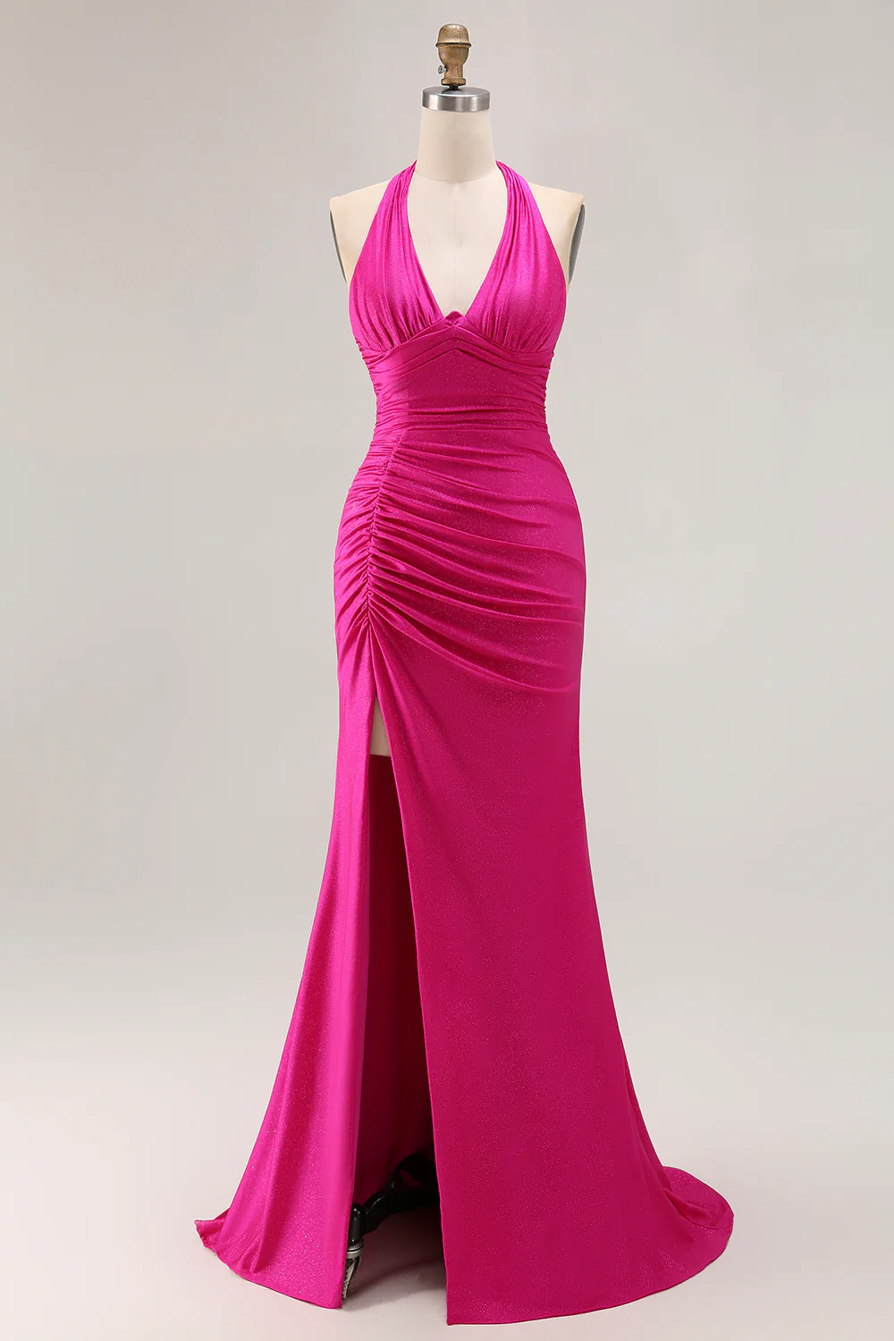 Fuchsia Glitter Halter Mermaid Ruched Long Prom Dress with Slit - VNBITS