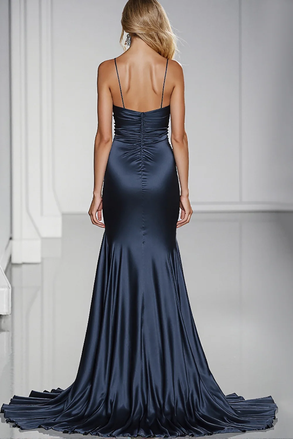 Dark Blue Satin Mermaid Long Formal Dress with Slit - VNBITS