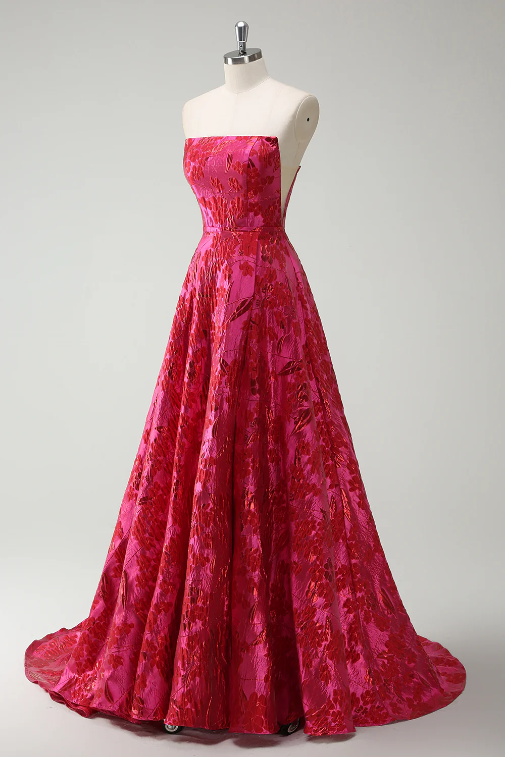 Strapless Fuchsia A Line Floral Long Prom Dress with Slit - VNBITS