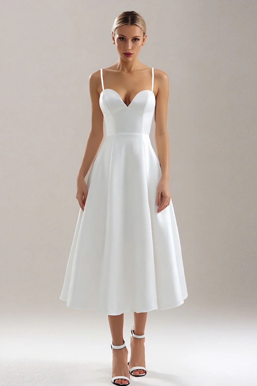 White Satin A Line Spaghetti Straps Midi Wedding Reception Dress - VNBITS