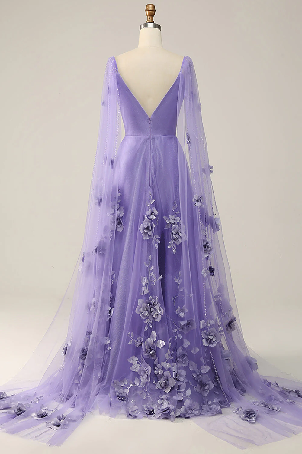 Purple Watteau Train Prom Dress With 3D Flowers - VNBITS