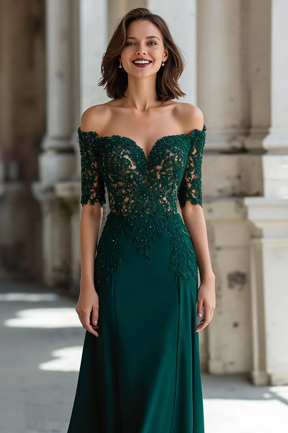 Dark Green Off the Shoulder Chiffon Sheath Long Mother of the Bride Dress with Lace - VNBITS