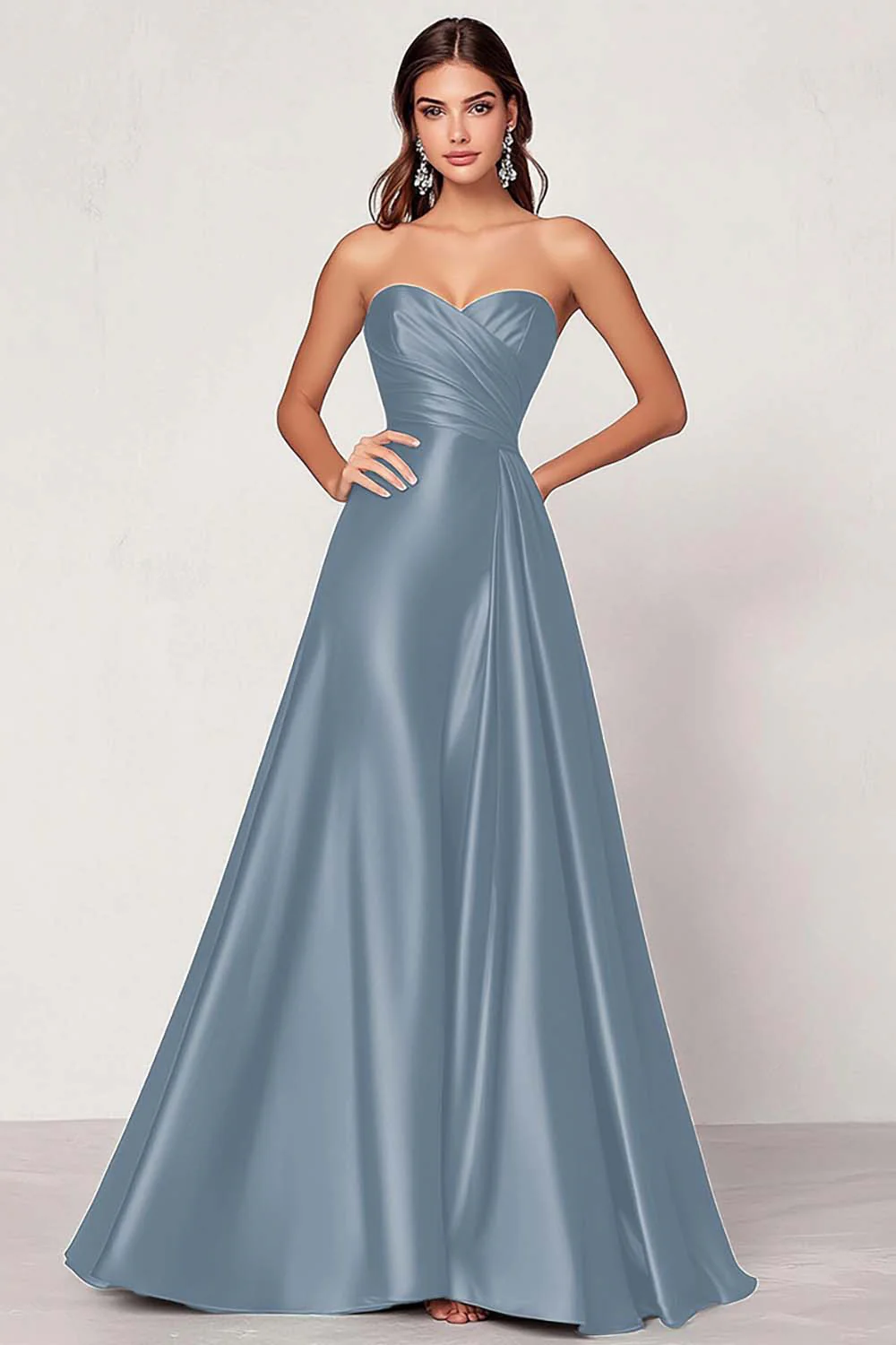 Dusty Blue Satin A Line Sweetheart Long Ruched Prom Dress - VNBITS