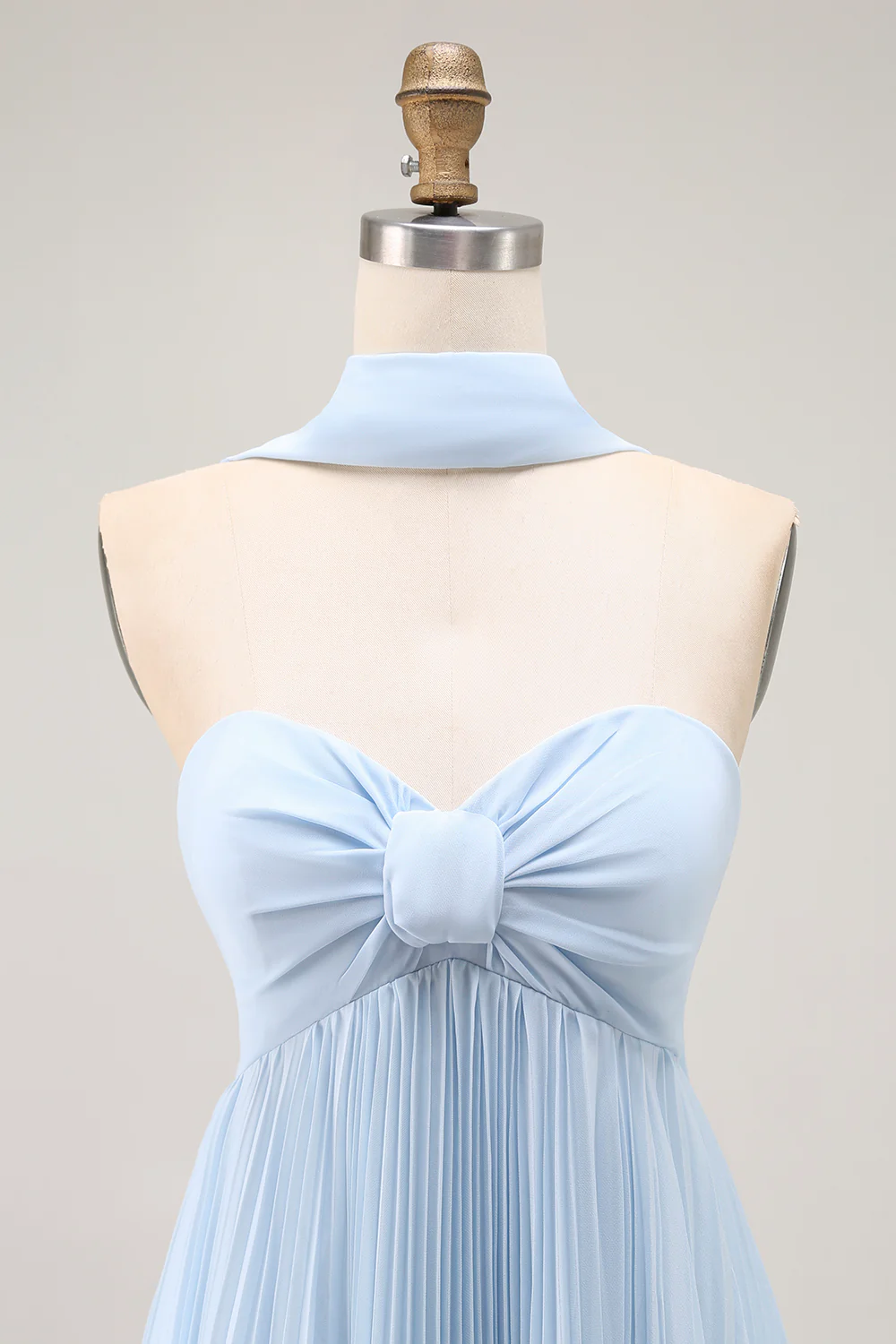 Sky Blue A Line Neck Scarf Pleated Long Bridesmaid Dress - VNBITS