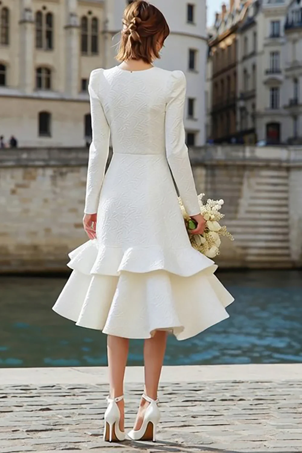 Ivory A Line Long Sleeves Midi Bridal Dress with Ruffles - VNBITS
