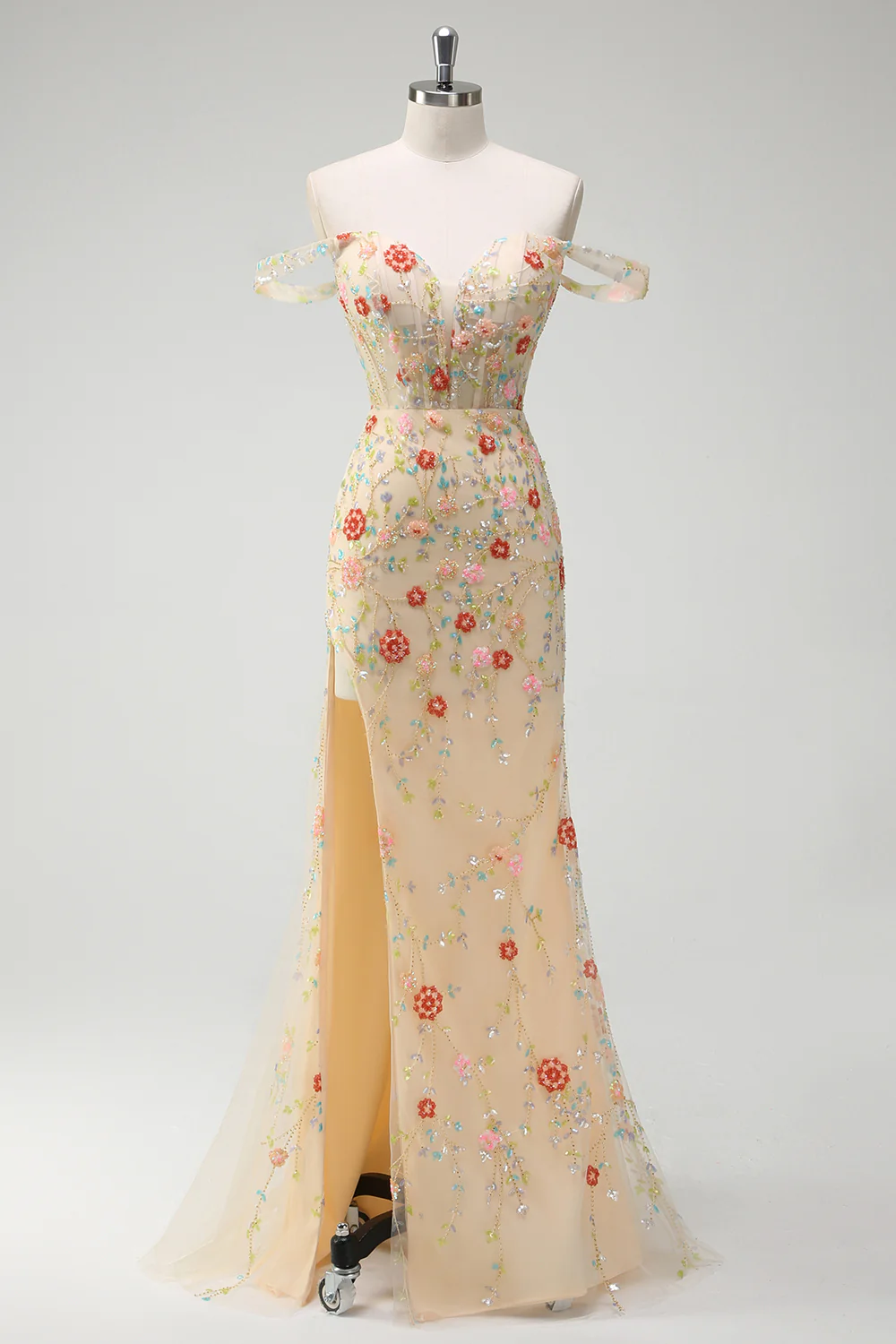 Champagne Beaded Floral Off The Shoulder Corset Long Prom Dress - VNBITS