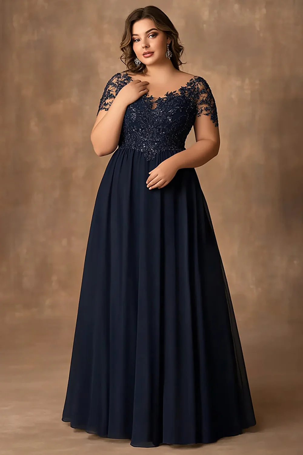 Lace Navy A Line Plus Size Long Mother of the Bride Dress - VNBITS