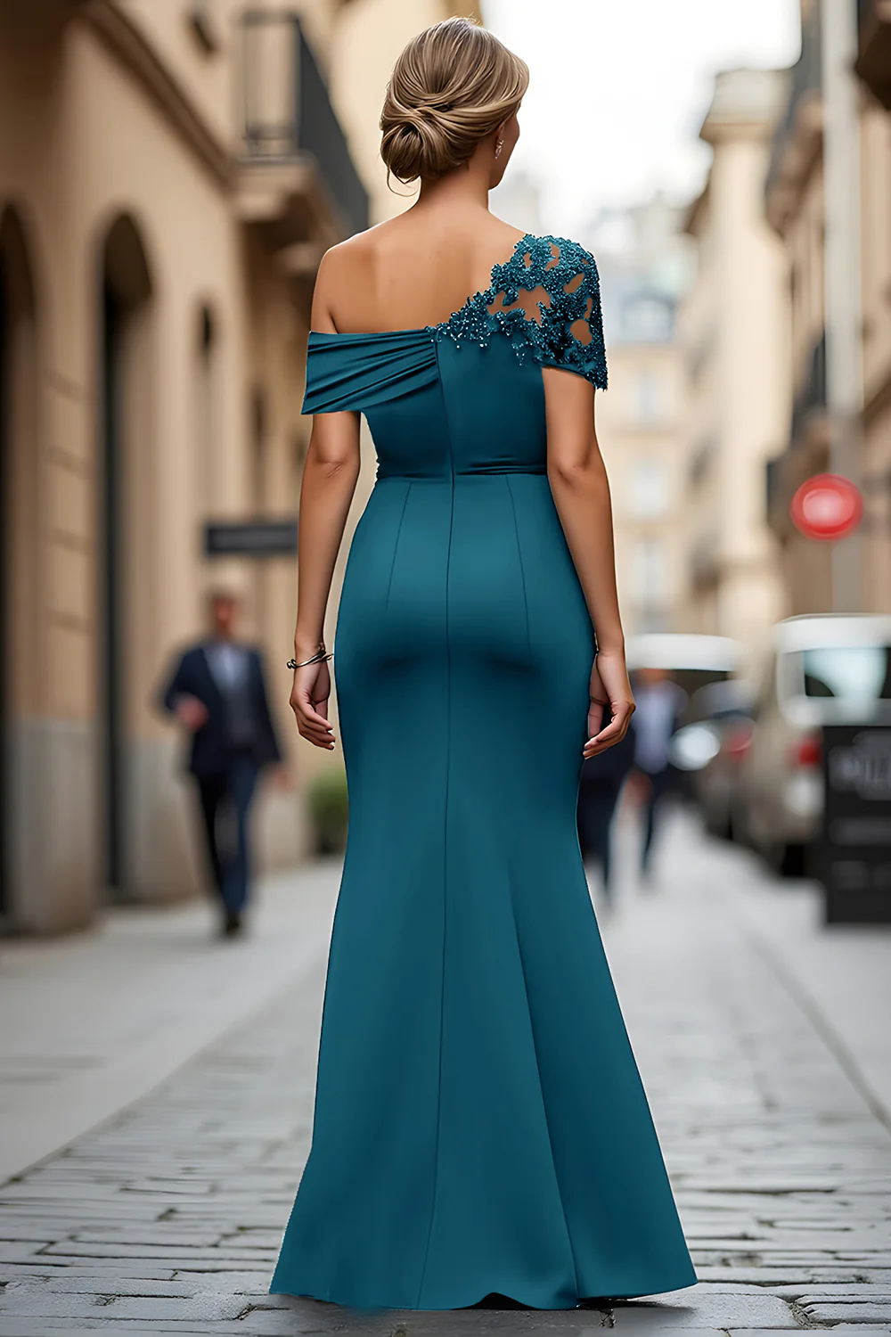 Black One Shoulder Sheath Long Mother of the Bride Dress with Appliques - VNBITS