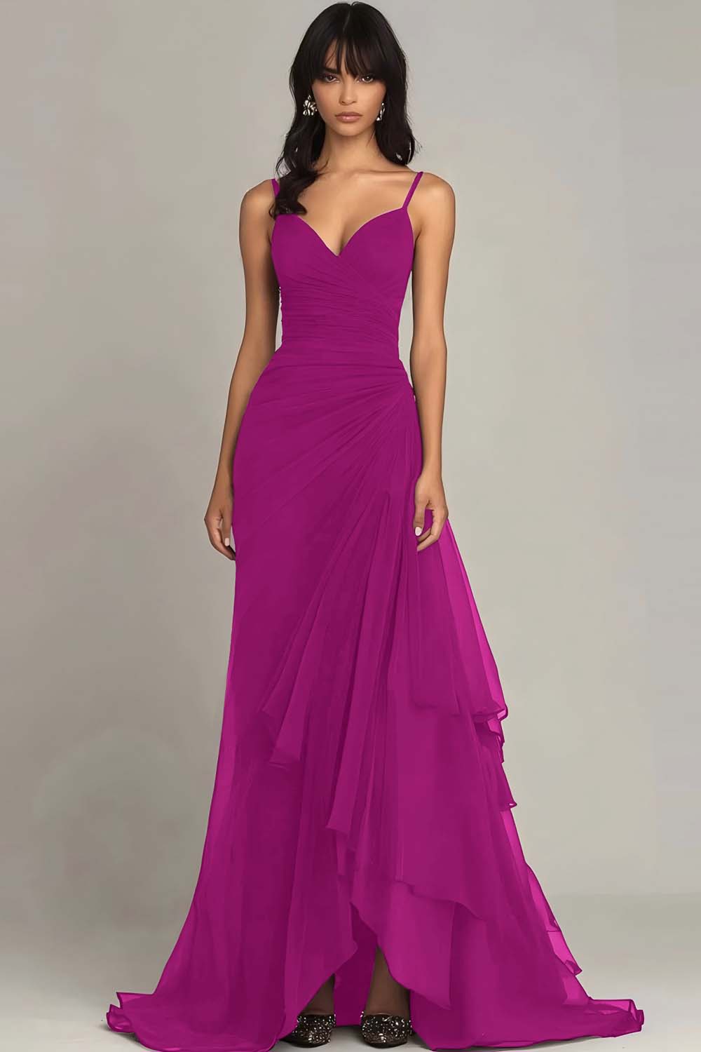 Ink Blue Sweetheart Ruched Chiffon Long Formal Dress with Ruffles - VNBITS