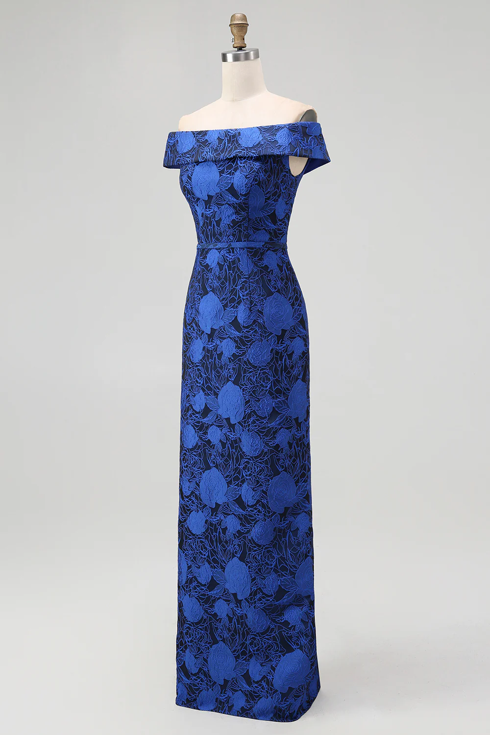 Dark Blue Floral Off the Shoulder Sheath Long Wedding Guest Dress with Slit - VNBITS