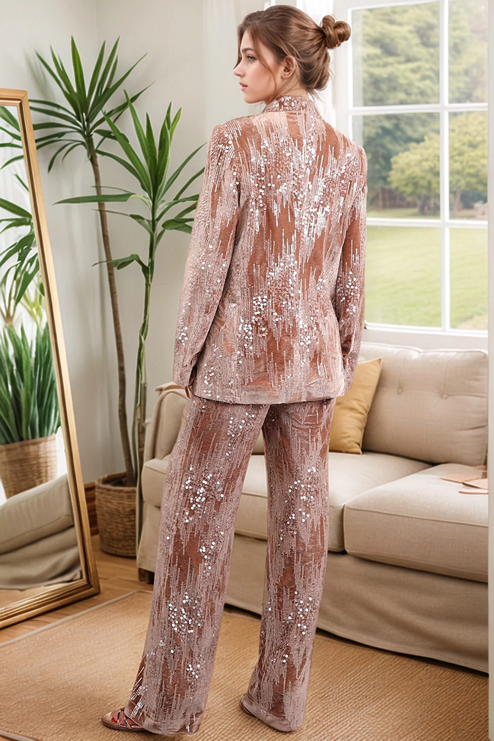 Sparkly Dusty Rose 2 Pieces Notched Lapel Women's Prom Suits with Feather - VNBITS