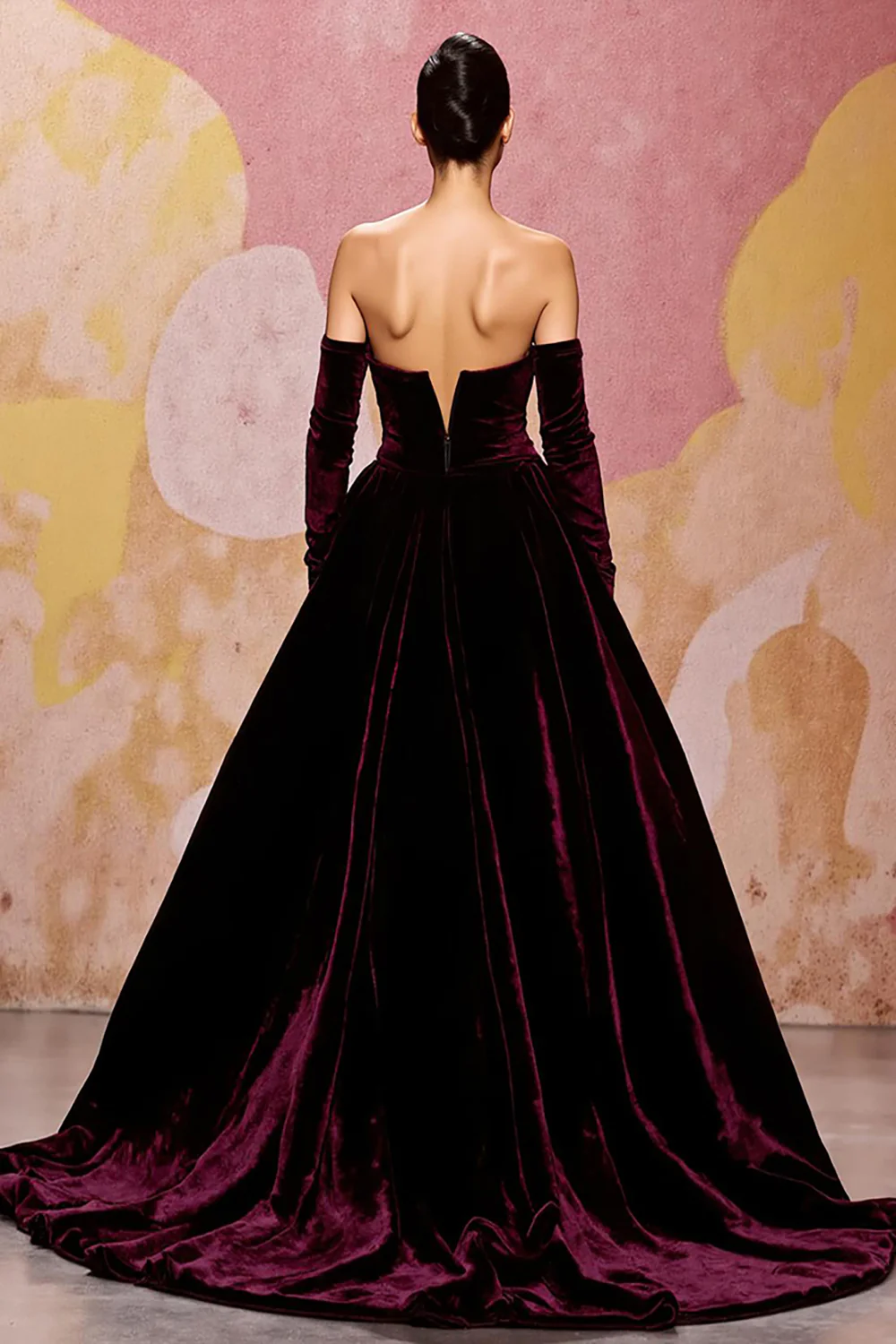 Dark Red Velvet A Line Long Off the Shoulder Evening Dress - VNBITS