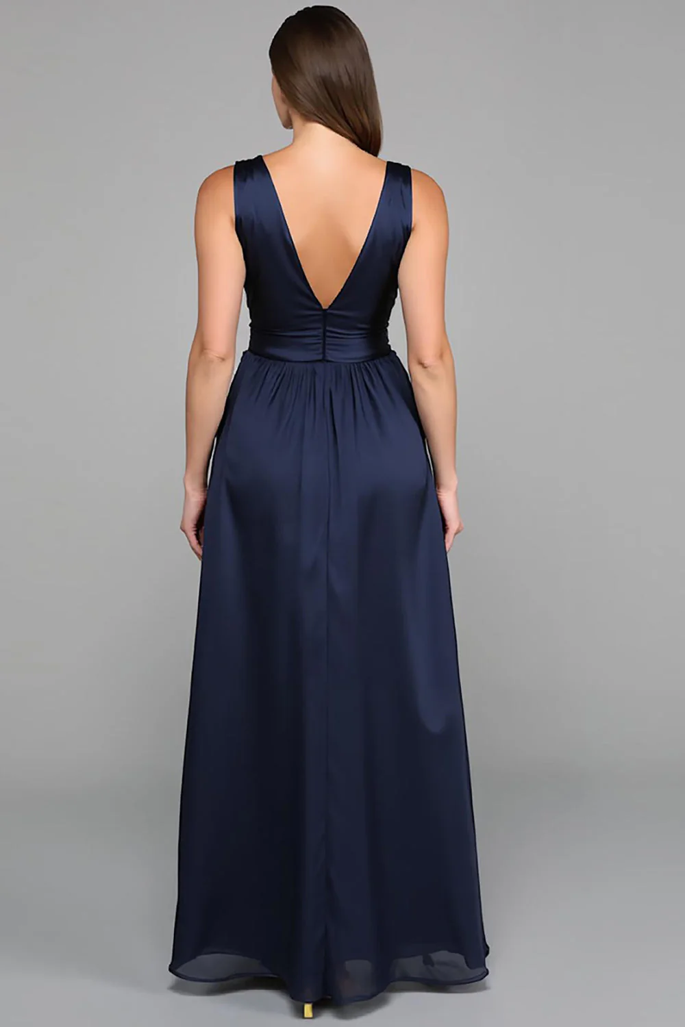 Simple Navy A Line Deep V Neck Long Formal Dress - VNBITS