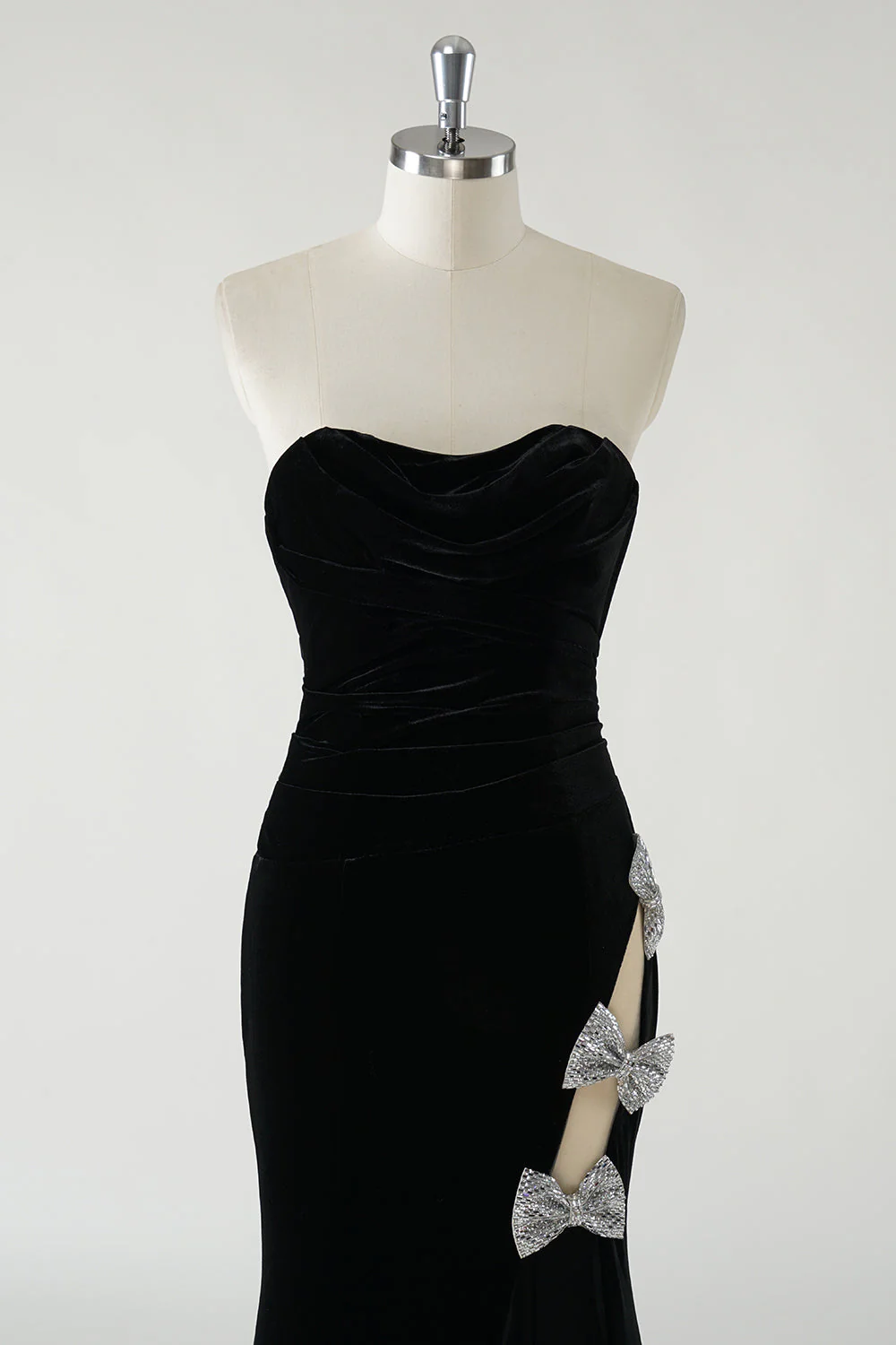 Black Strapless Velvet Sparkly Bows Long Formal Dress With High Slit (Not Gloves) - VNBITS