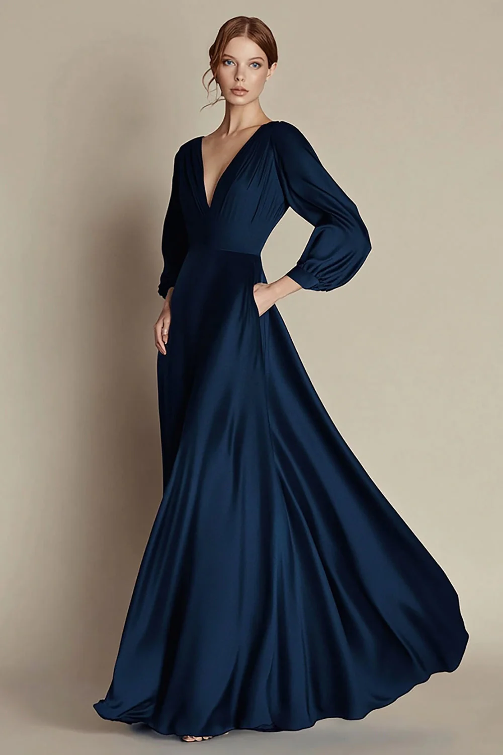 Navy V-Neck A Line Satin Formal Dress with Long Sleeves - VNBITS