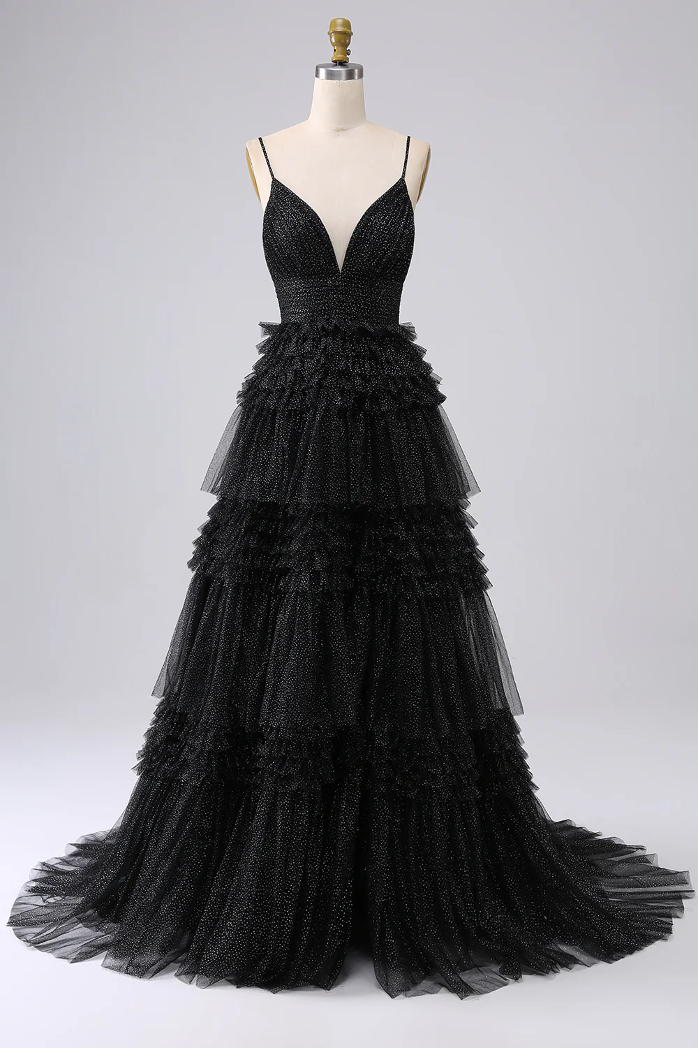 A Line Spaghetti Straps Navy Tiered Prom Dress - VNBITS