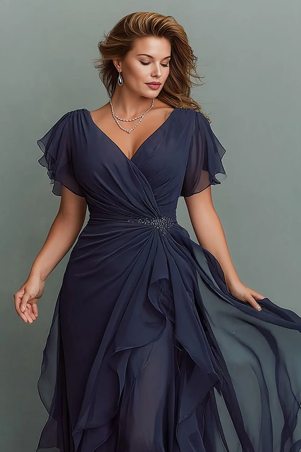 Navy Chiffon V-Neck Ruched Long  with Ruffles - VNBITS