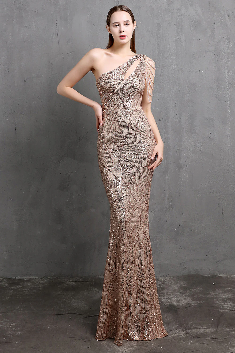 Gold Mermaid One Shoulder Sequin Prom Dresses - VNBITS