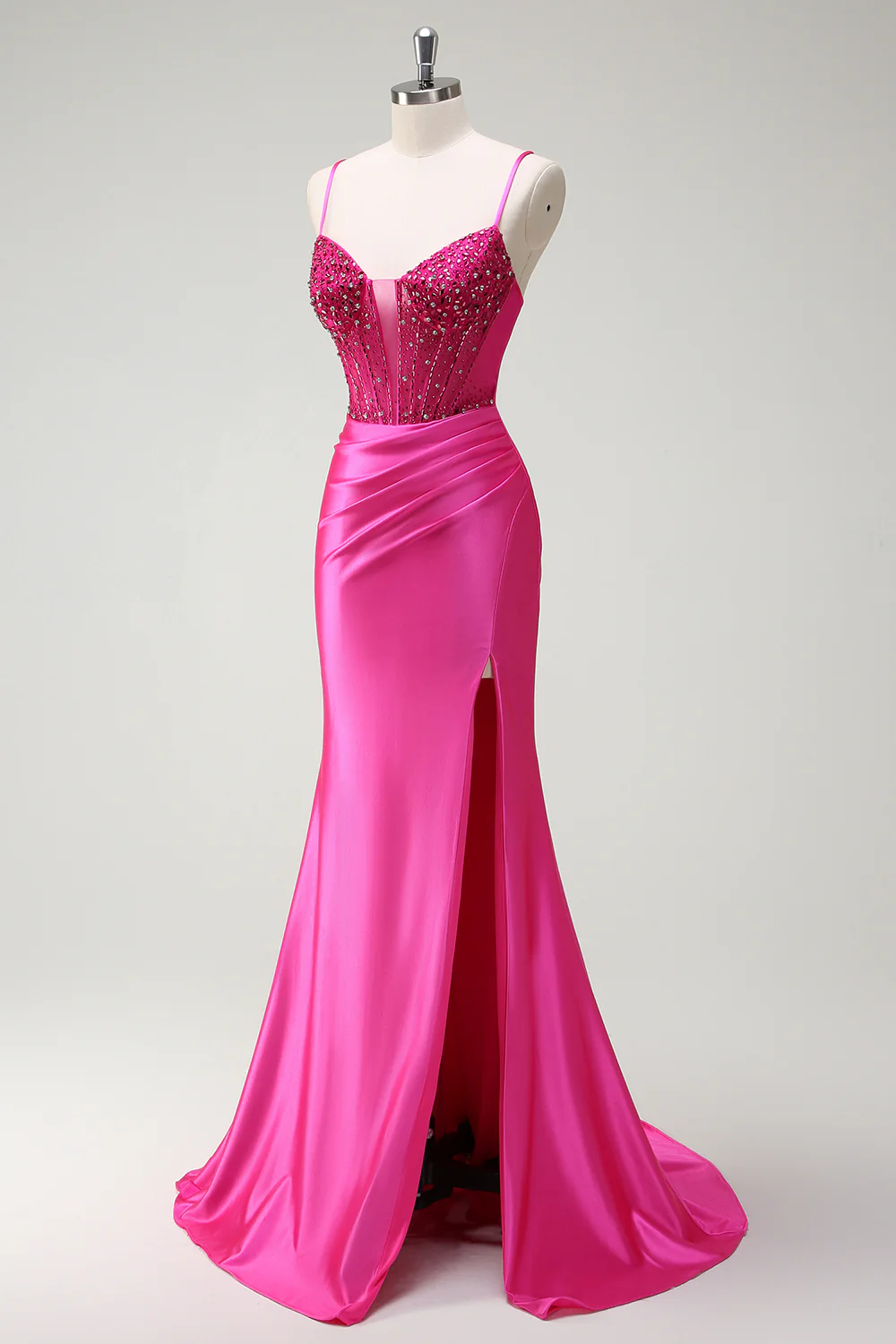 Fuchsia Spaghetti Straps Beaded Mermaid Long Prom Dress with Slit - VNBITS