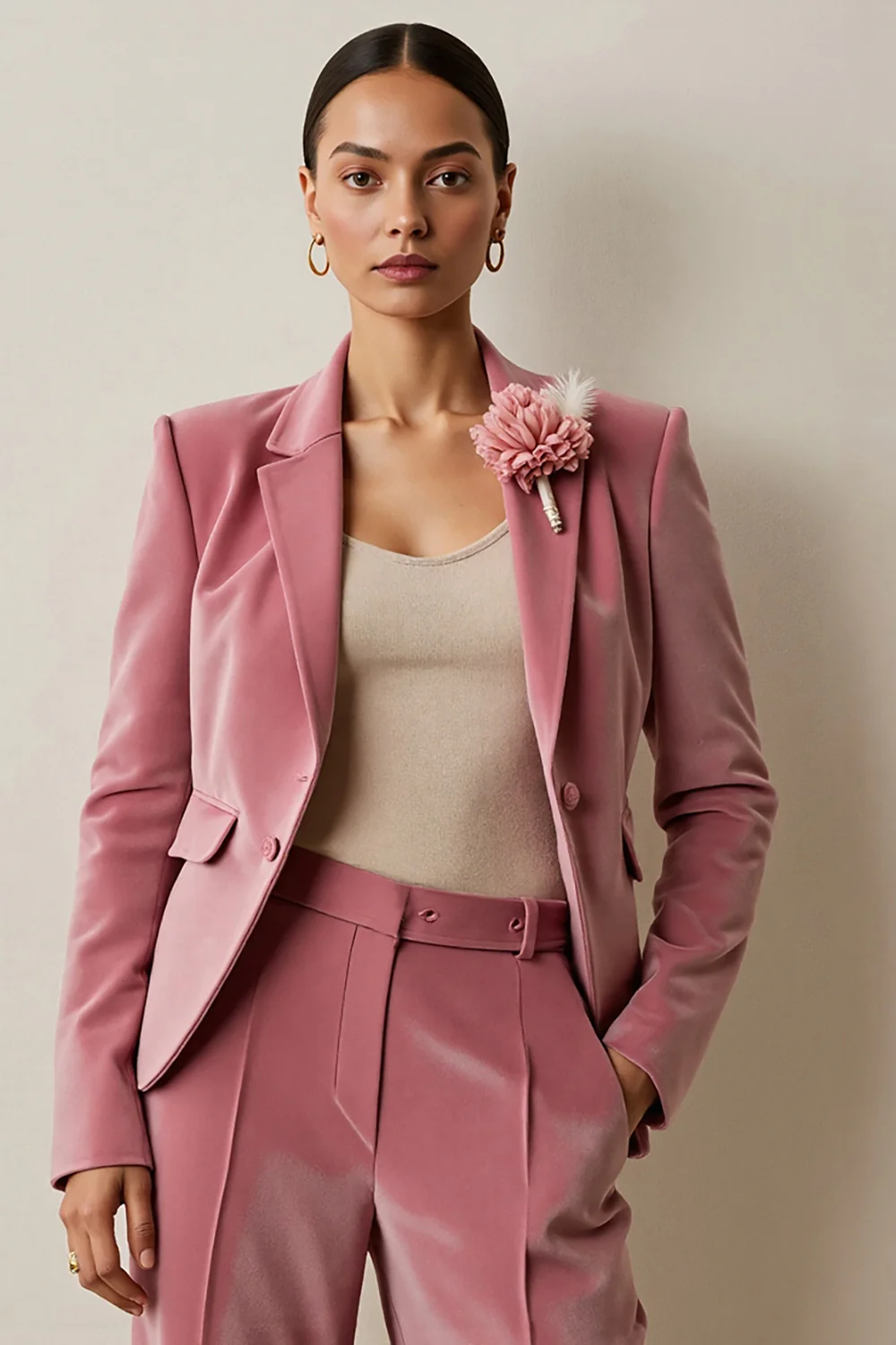 Grey Pink 2 Piece Floral Notched Lapel Velvet Business Suits with Pockets - VNBITS