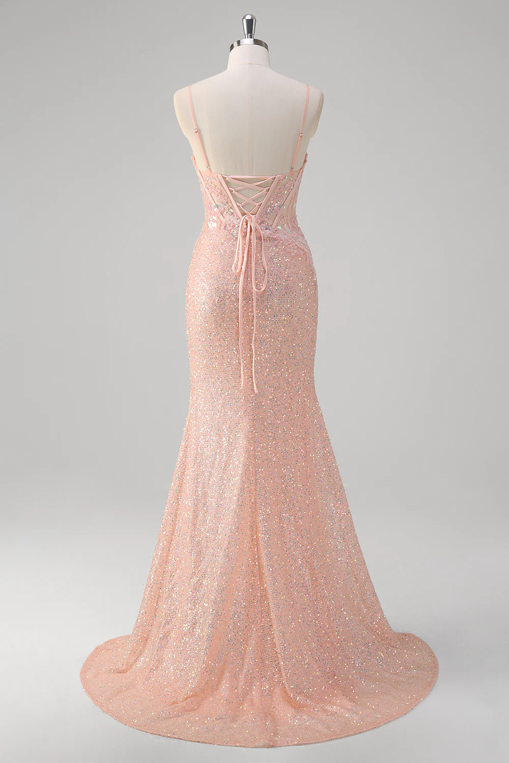 Sparkly Blush Mermaid Beaded Spaghetti Straps Corset Long Prom Dress with Slit - VNBITS