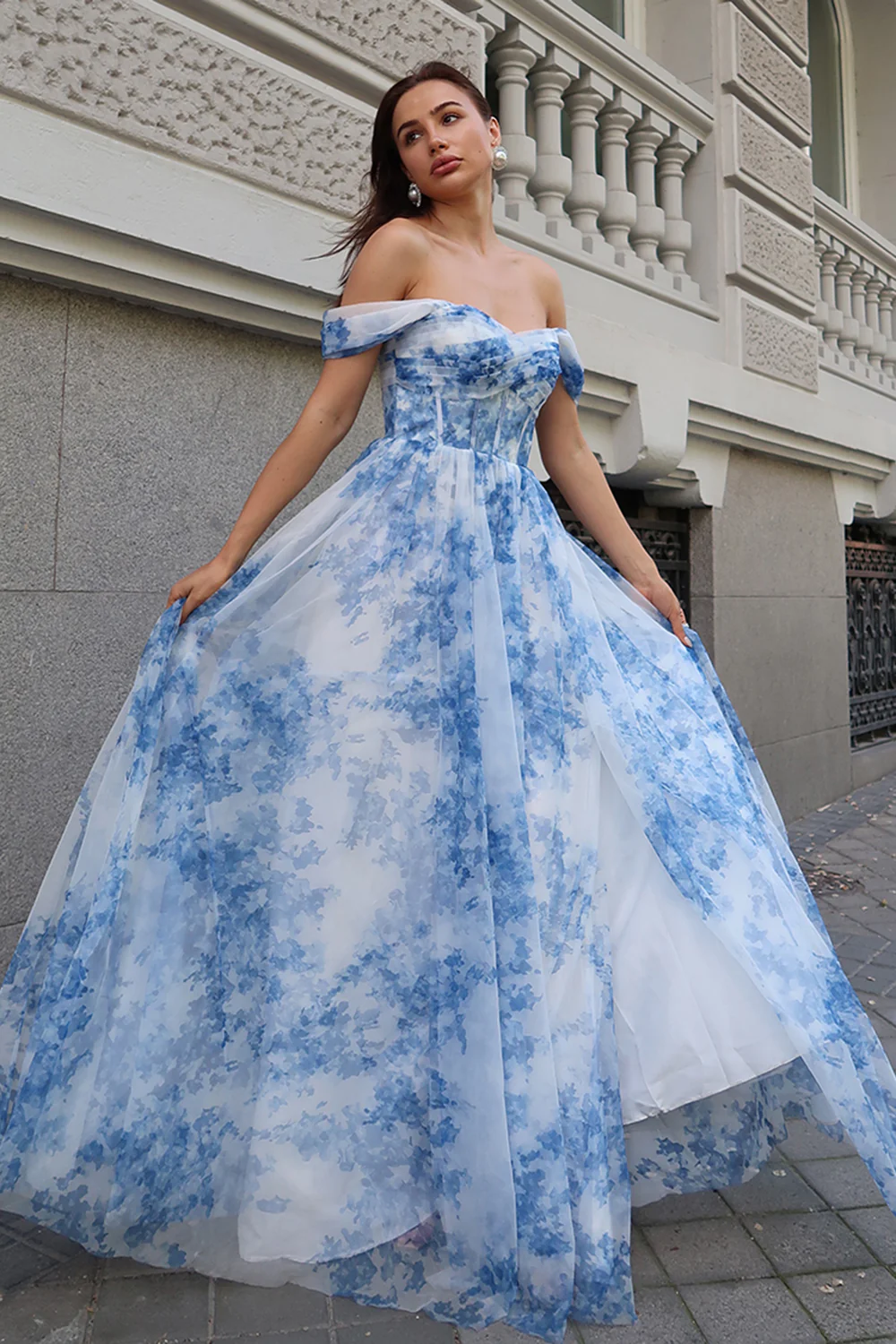 White Blue Flower Off The Shoulder Corset Long Bridesmaid Dress with Slit - VNBITS