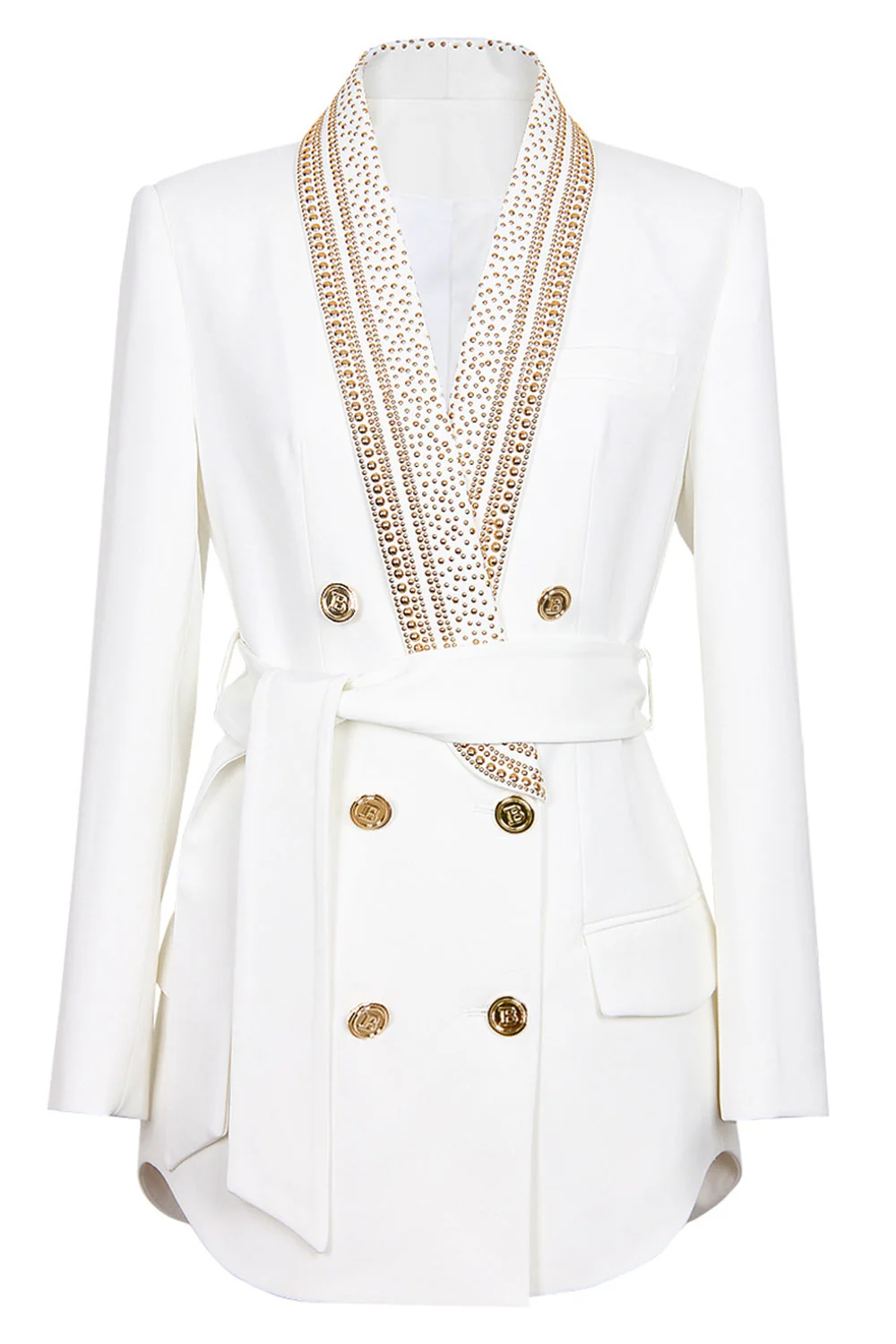 White Shawl Lapel Double Breasted Slim Fit Women Blazer with Beading - VNBITS