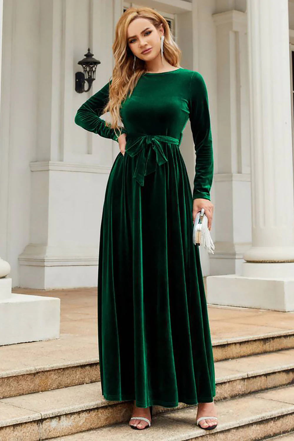 Long Sleeves A Line Velvet Holiday Party Dress - VNBITS