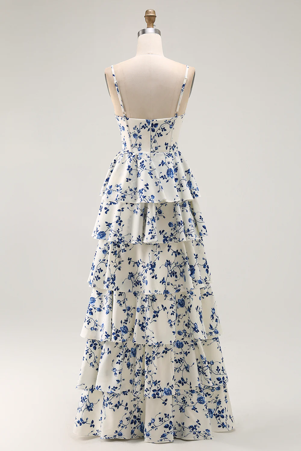 Blue Floral Tiered A Line Ruffled Long Prom Dress with Slit - VNBITS