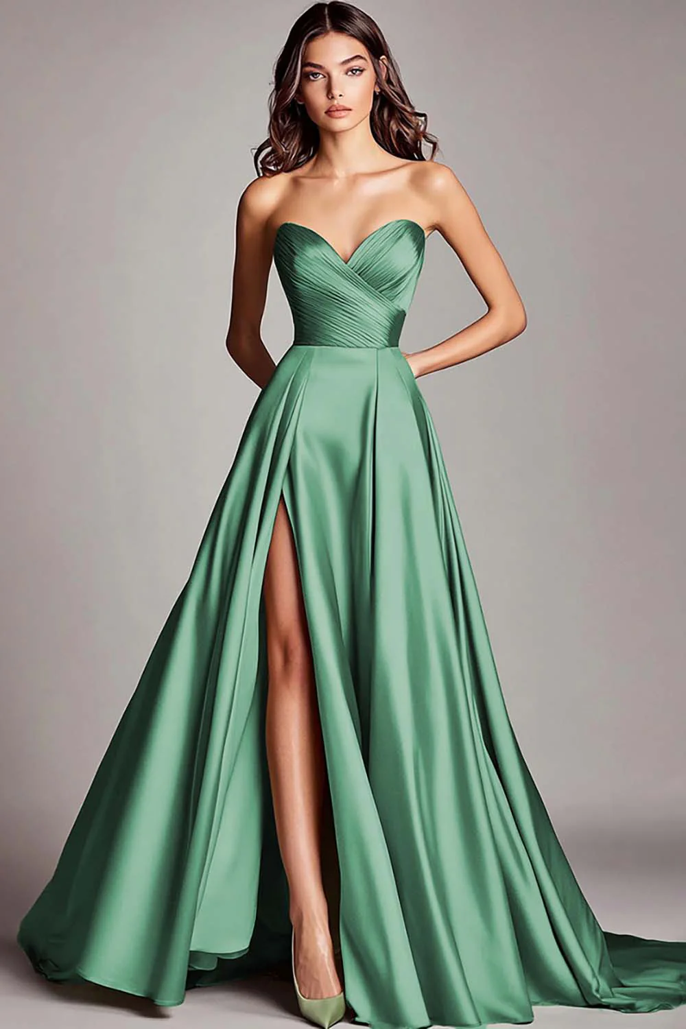 Dusty Blue Satin A Line Strapless Ruched Long Prom Dress with Slit - VNBITS