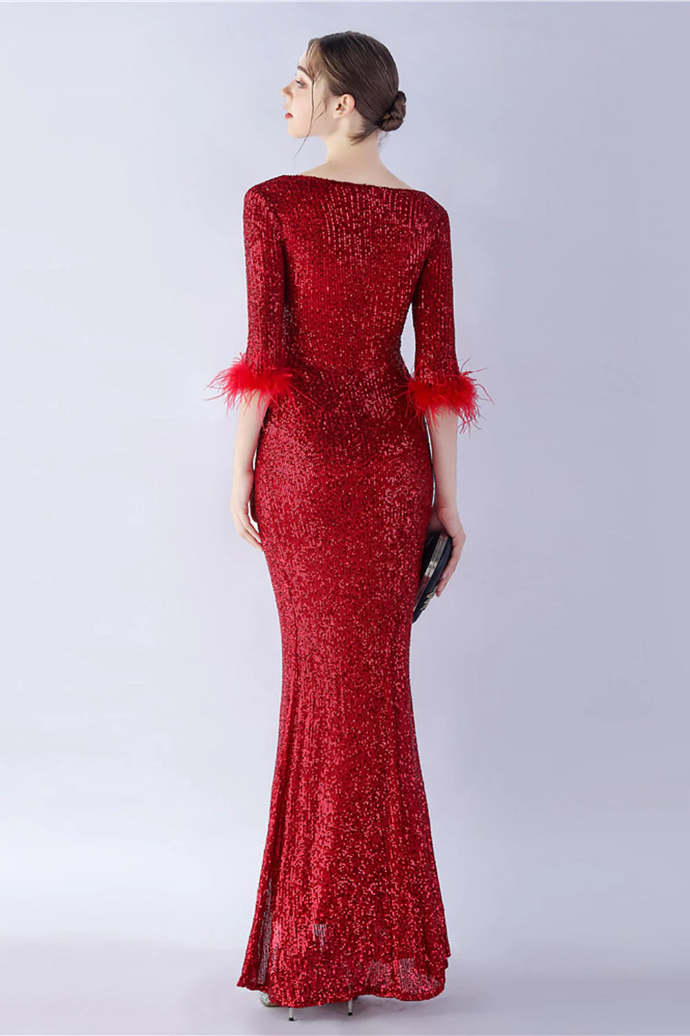Navy Sequin V-neck Half Sleeves Sheath Formal Dress with Feather - VNBITS