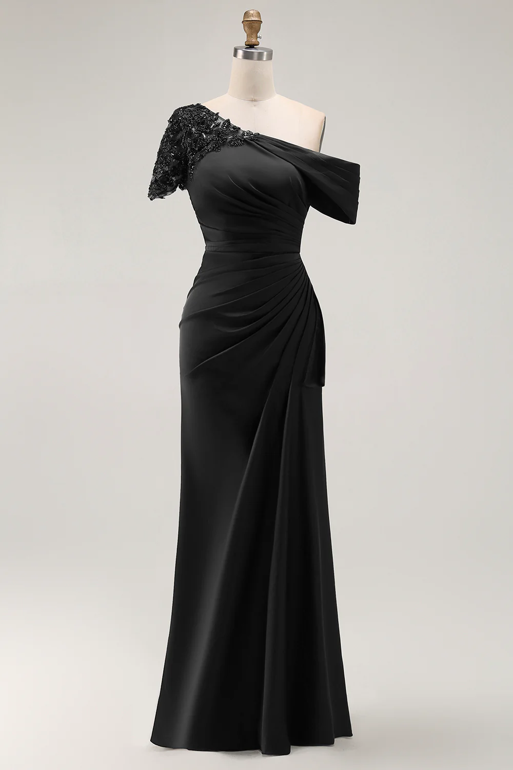 Black One Shoulder Sheath Long Mother of the Bride Dress with Appliques - VNBITS