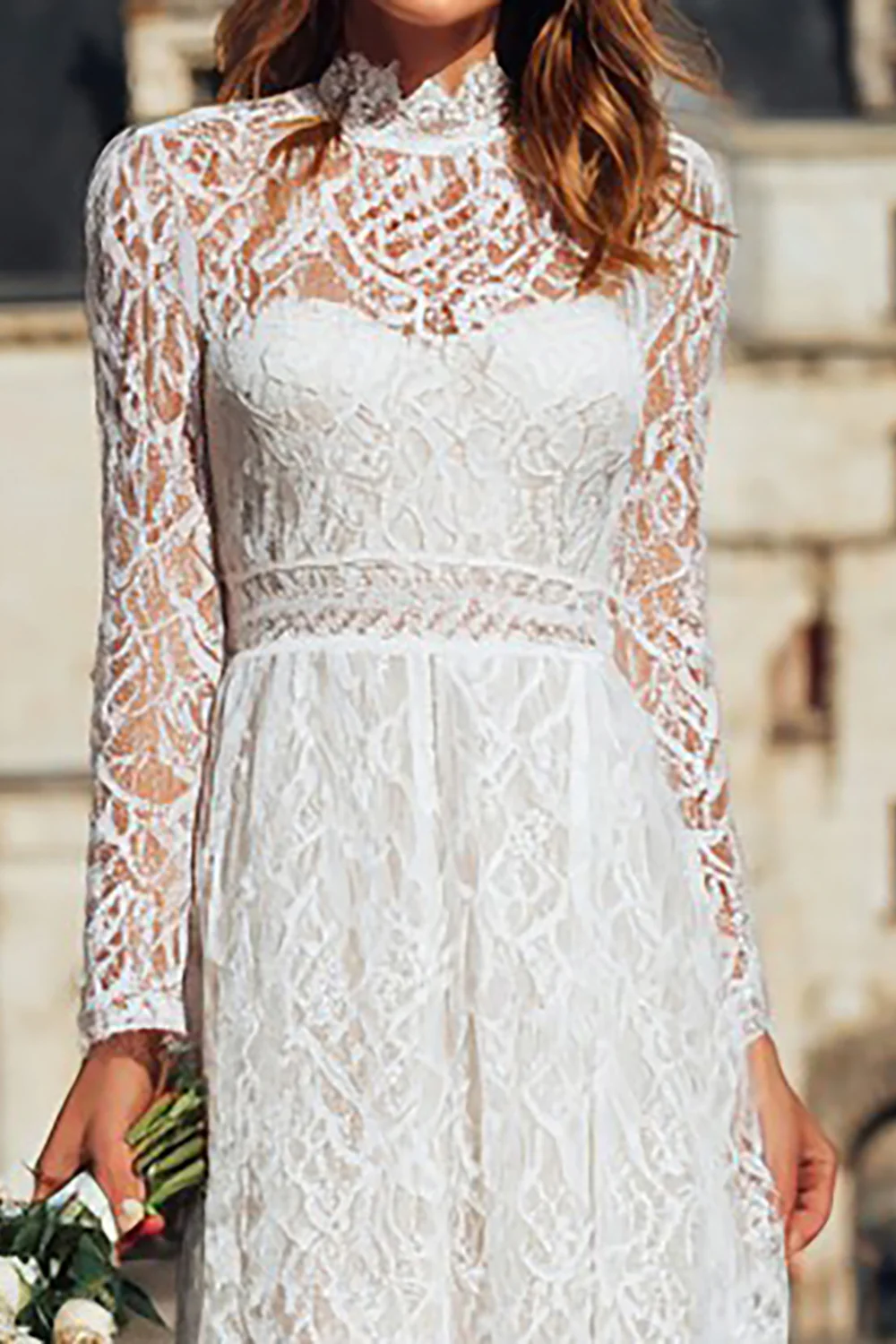 Ivory Sheath High Neck Long Boho Wedding Dress with Sleeves - VNBITS