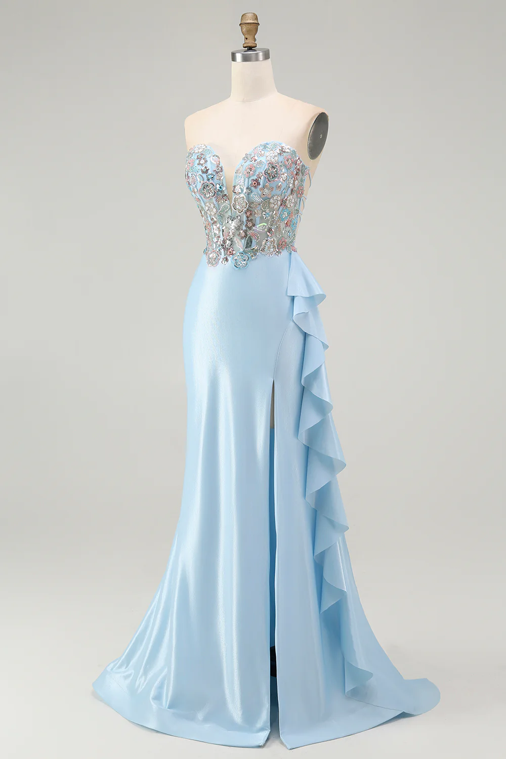 Sparkly Light Blue Mermaid Corset Beaded Long Prom Dress with Slit - VNBITS