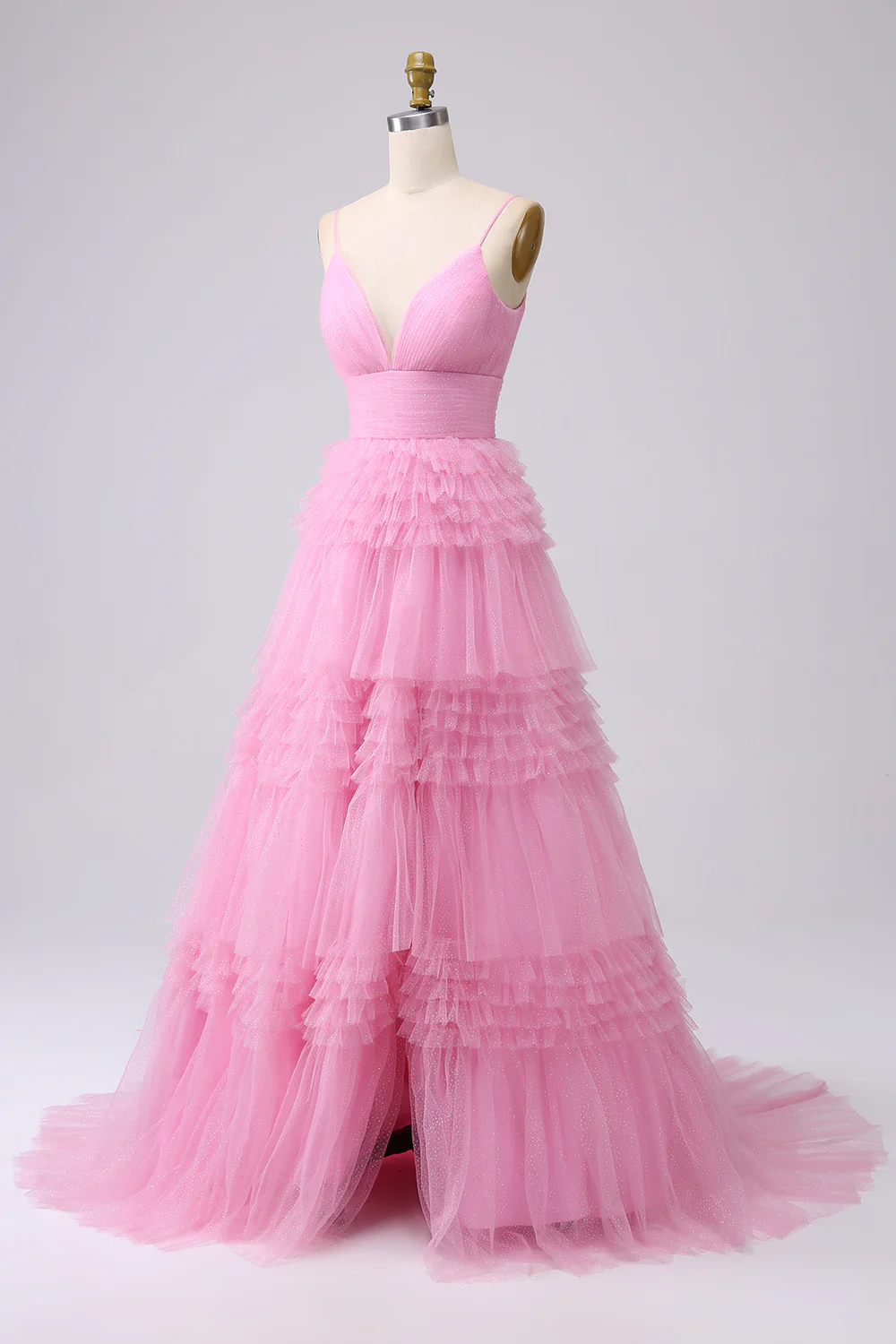 A Line Spaghetti Straps Navy Tiered Prom Dress - VNBITS