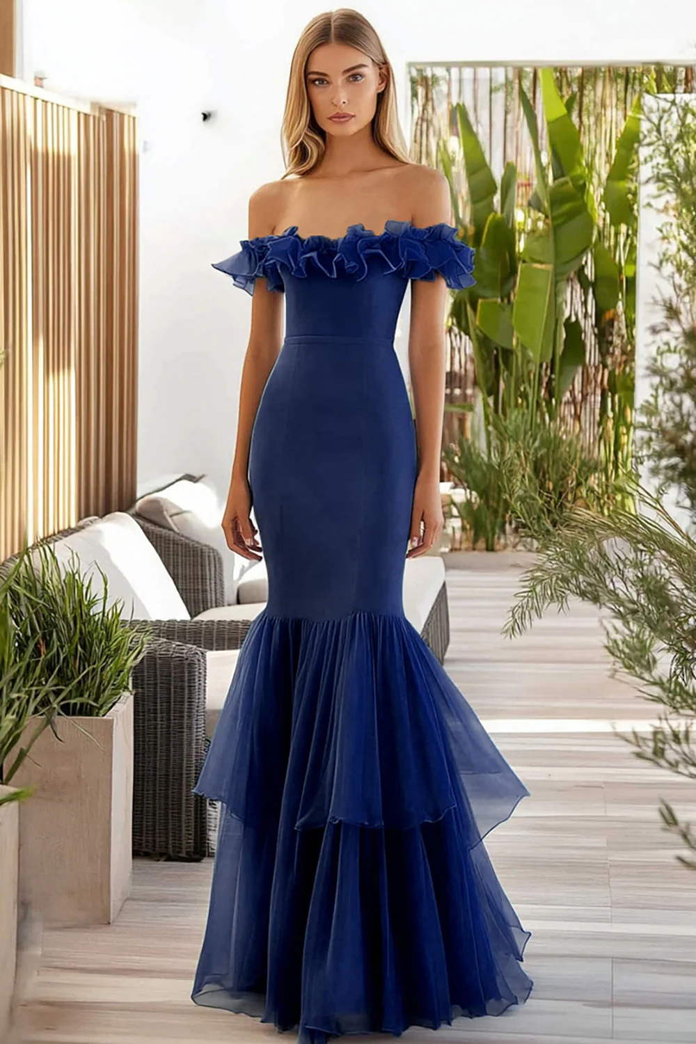 Navy Tulle Off the Shoulder Long Mermaid Prom Dress with Ruffles - VNBITS