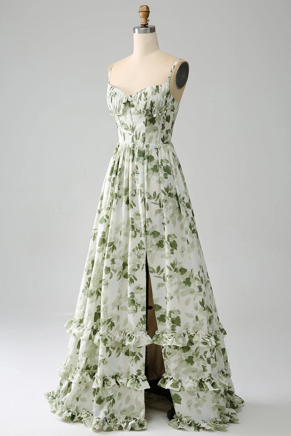 Green A-Line Spaghetti Straps Printed Pleated Long Prom Dress With Slit - VNBITS