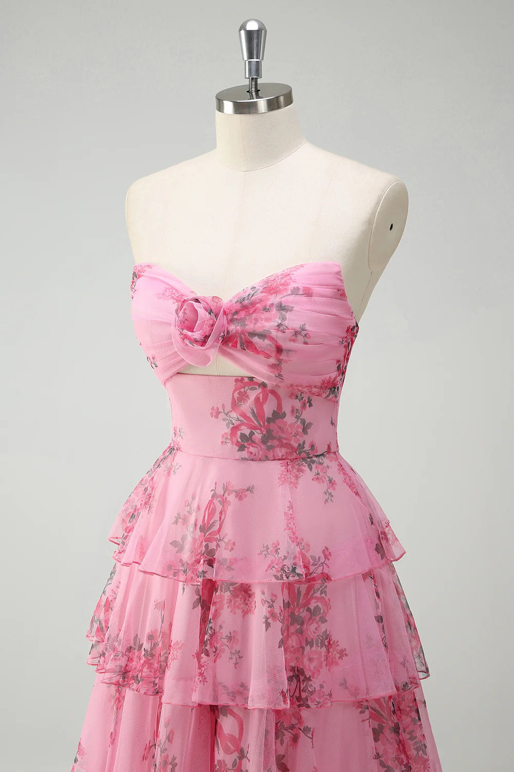 Blush Floral Chiffon A Line Prom Dress with Slit - VNBITS