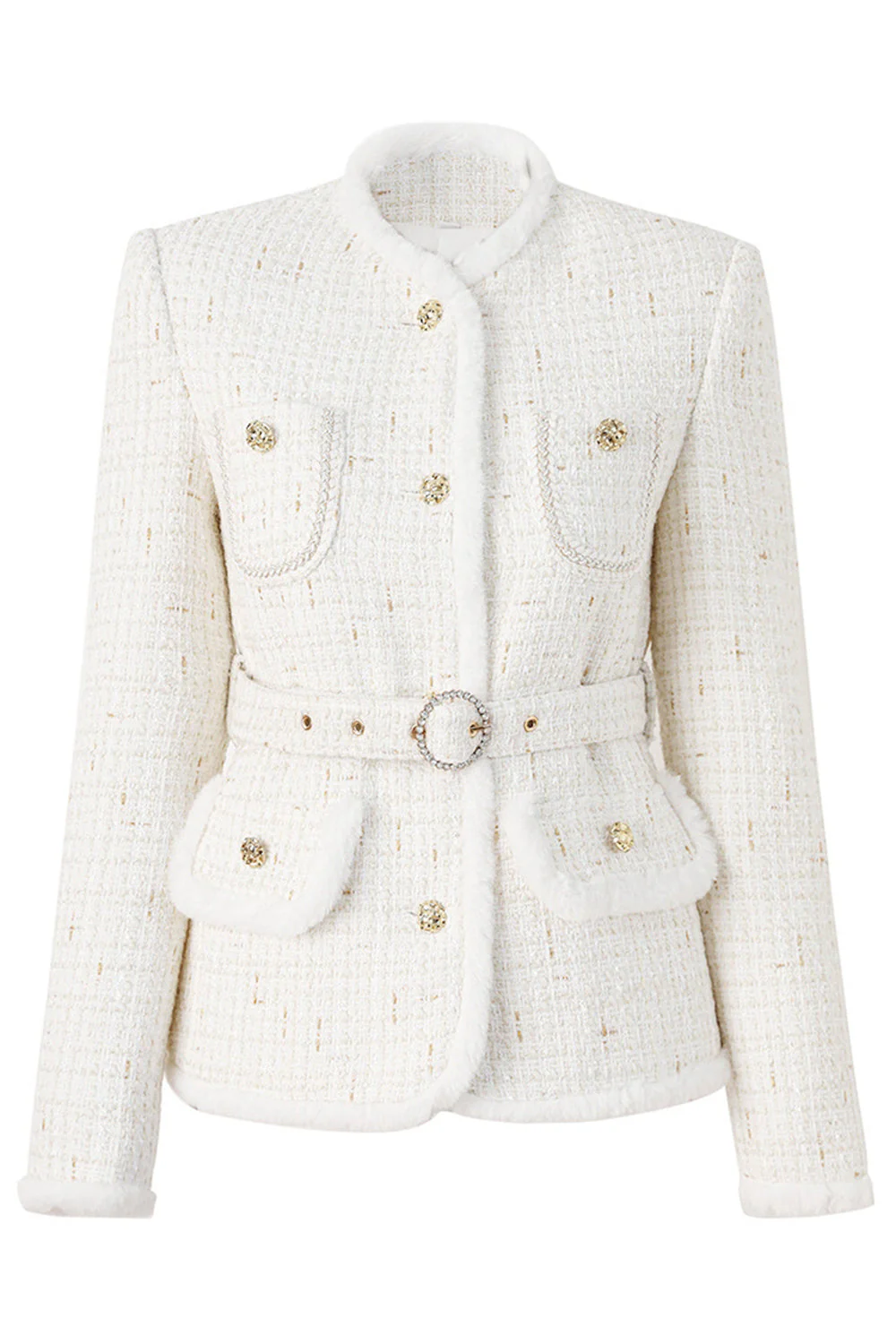 Light Luxury White Wool Splicing Small Stand Collar Women Jacket - VNBITS