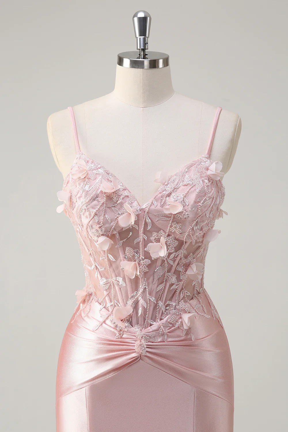 Pink Floral Mermaid Spaghetti Straps Beaded Long Prom Dress - VNBITS