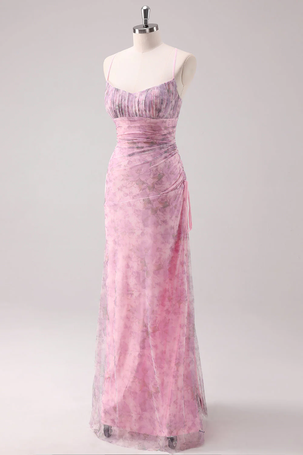 Pink Floral Spaghetti Straps Sheath Long Prom Dress - VNBITS