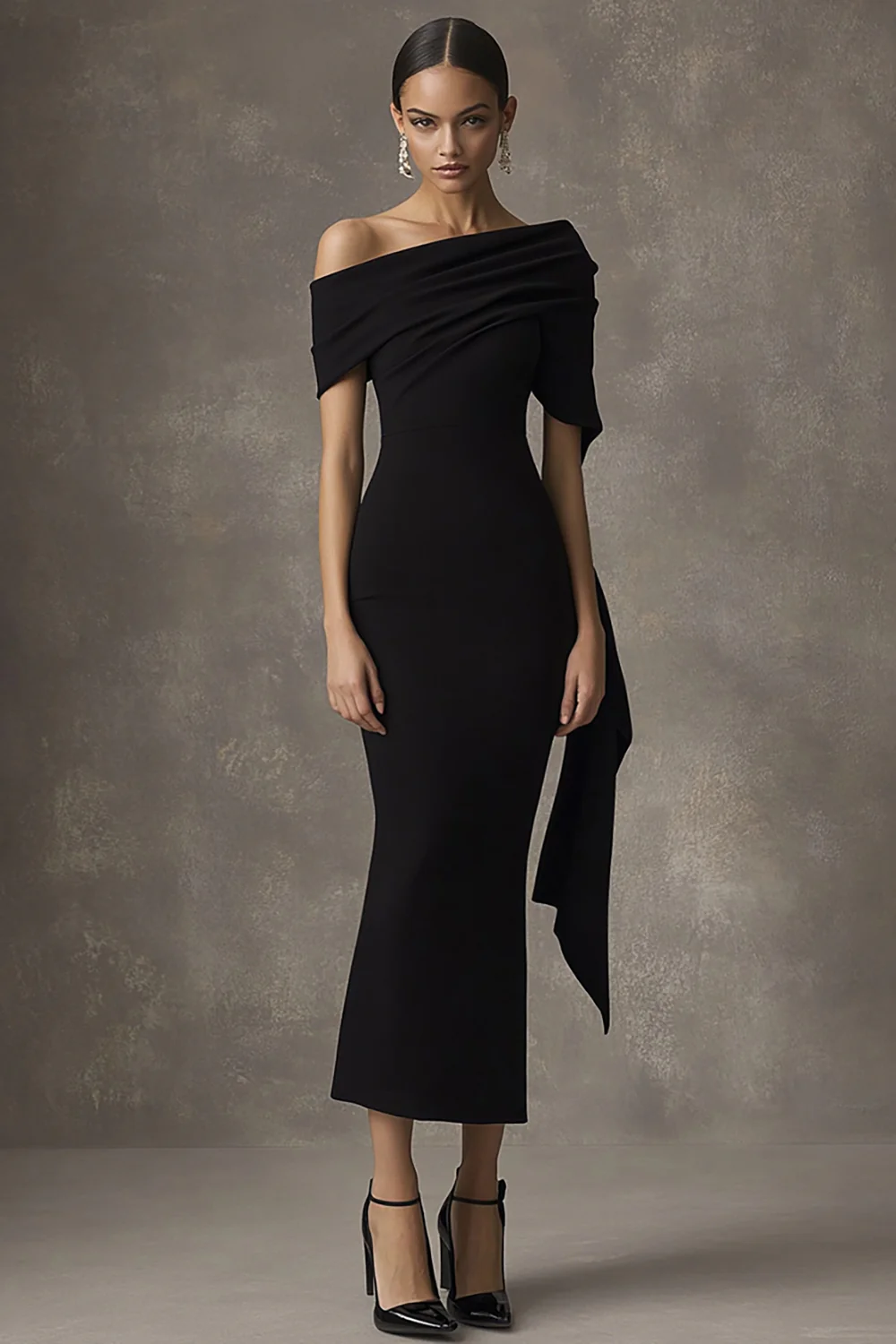 Black Sheath Off the Shoulder Long Black Tie Dress - VNBITS