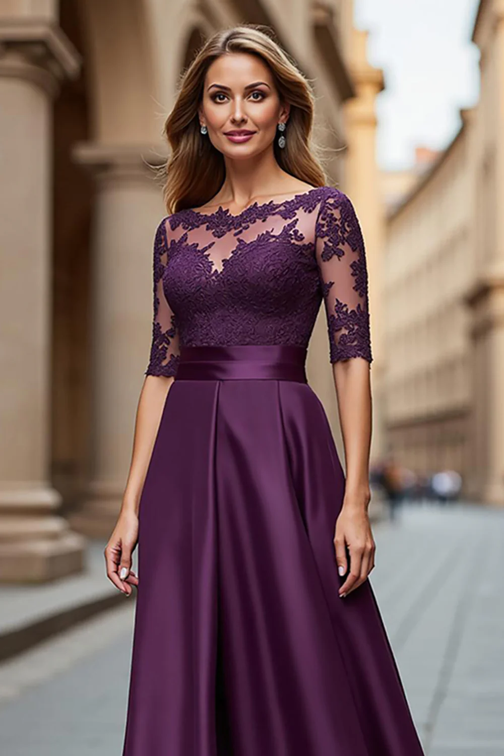 Grape Satin Illusion Boat Neck Long Mother of the Bride Dress with Lace - VNBITS