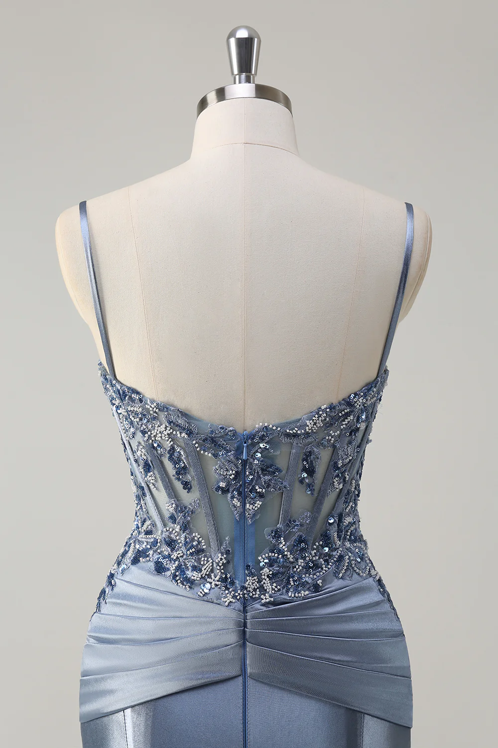 Grey Blue Floral Mermaid Spaghetti Straps Long Prom Dress with Appliques - VNBITS