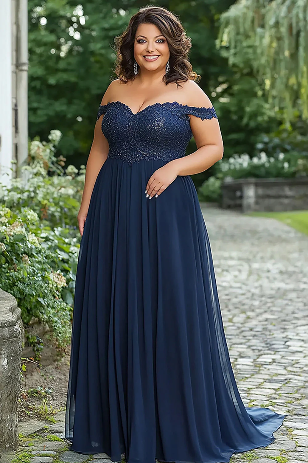 Elegant Navy Off the Shoulder A-Line Chiffon Long Mother of the Bride Dress with Lace - VNBITS