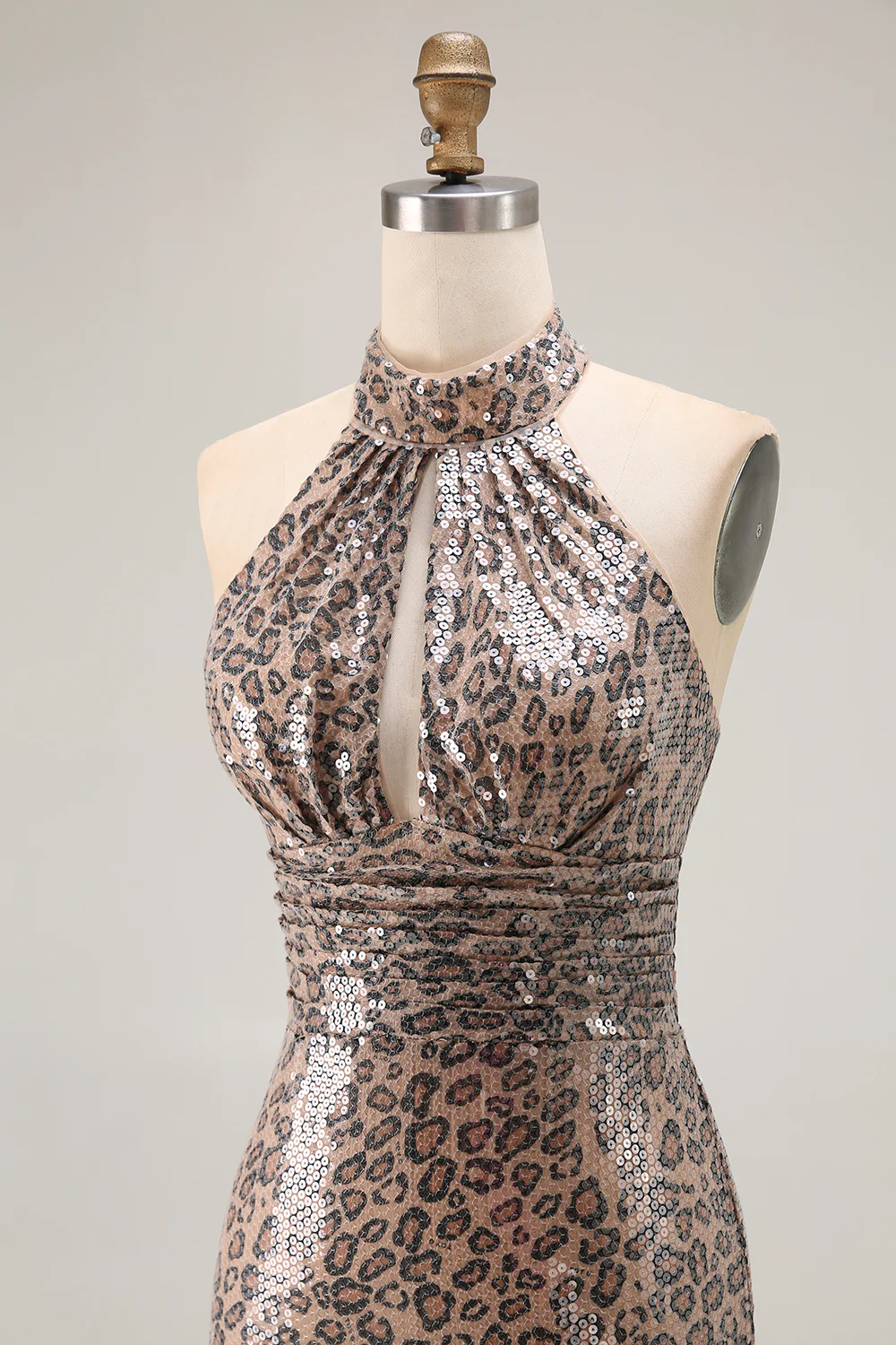 Sparkly Golden Leopard Keyhole Mermaid Sequin Long Prom Dress with Slit - VNBITS