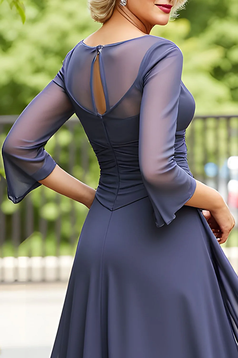 Steel Grey Chiffon A Line Boat Neck Long Mother of the Bride Dress with Sleeves - VNBITS