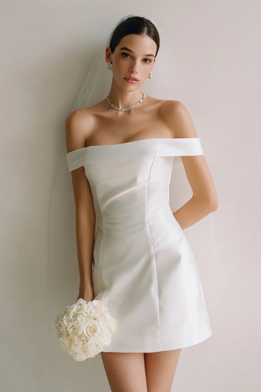 Simple White Satin Off the Shoulder Bodycon Short Wedding Dress - VNBITS