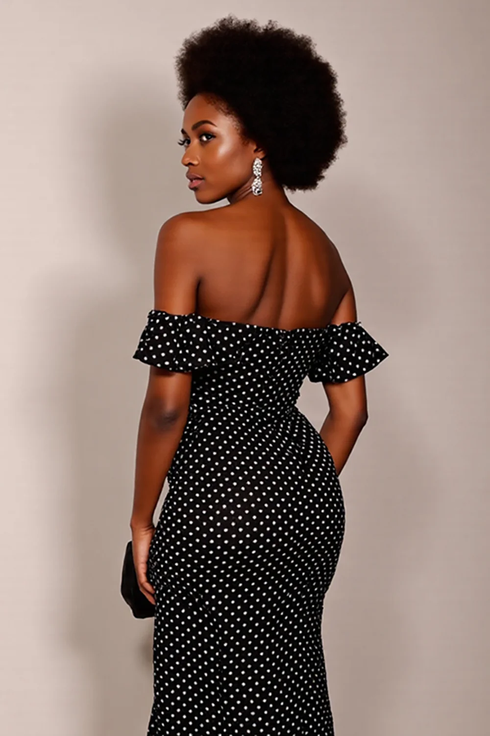 Black and White Sheath Off the Shoulder Maxi Polka Dot Dress with Slit - VNBITS